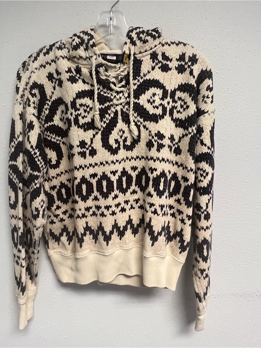 Cream and Black Patterned Lace-Up Hoodie - Women